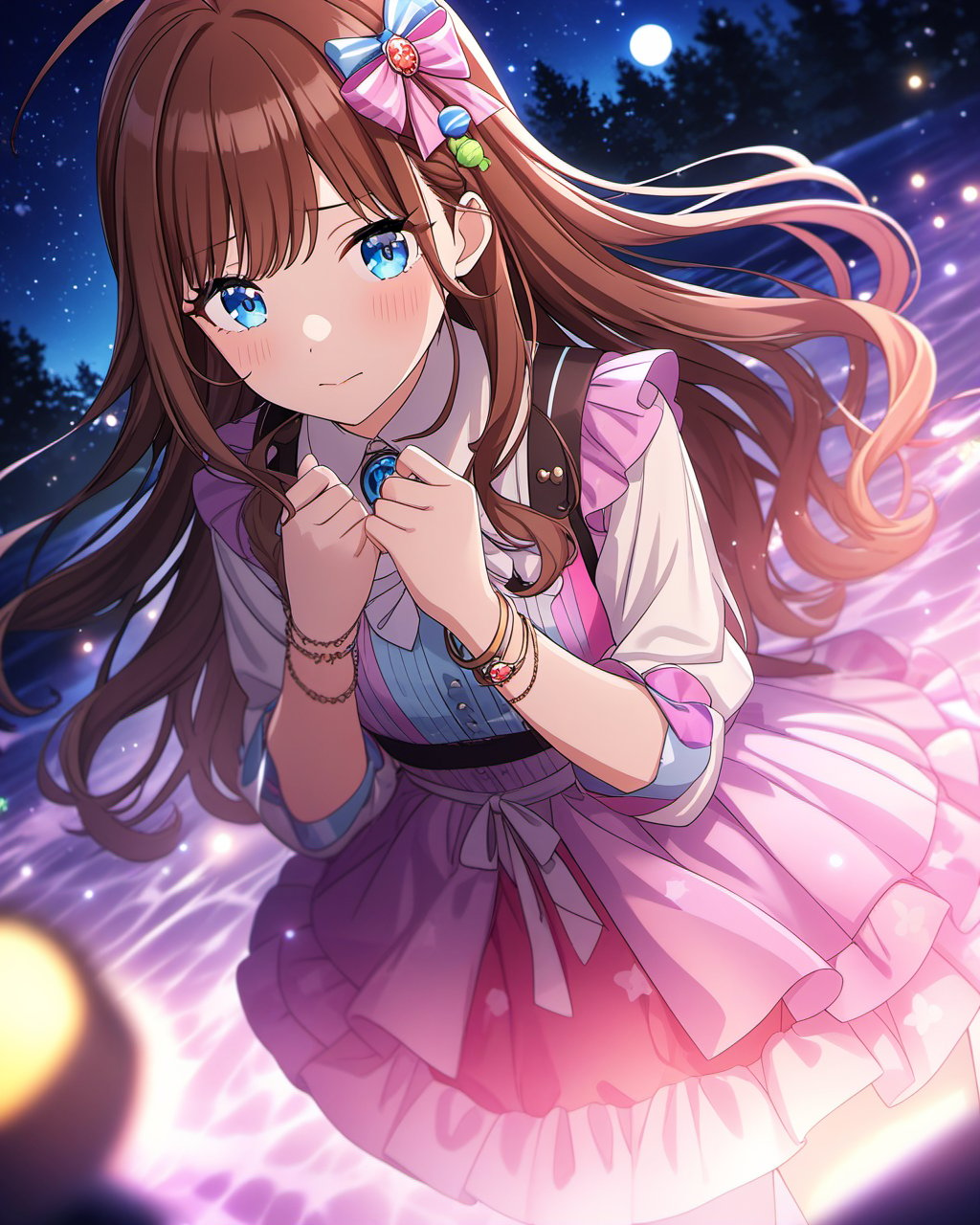 very aesthetic,aesthetic,amazing quality,best quality,hight,hight quality,masterpiece,highres BREAKbeautiful eyes,luminous eyes,gentle eyes,1girl,solo,cowboy shot,disdain,Volumetric Lighting,Cinematic Lighting,motion_blur,depth of field,1girl,blue eyes,brown hair,long hair,ahoge,hair ornament,candy hair ornament,multicolored dress,multicolored clothes,food-themed hair ornament,pink hairbow,bracelet,detachedsleeves,glow,night,stars_(sky),moon,water,glass floor,flowers around,vision,dynamic angles,Hazy light,Floodlight,falling star,fantastic,dreamy,blush,upper_body,dutch angle,from above,beautiful water,beautiful sky,stars_(sky),(forest),Light effects,Optical particle,Luminous,High brightness contrast,snclstyle,blurry,blurry_foreground,depth_of_field,dreaming,fingersmile,<lora:snclstyle-A3:0.5>,snclstyle,