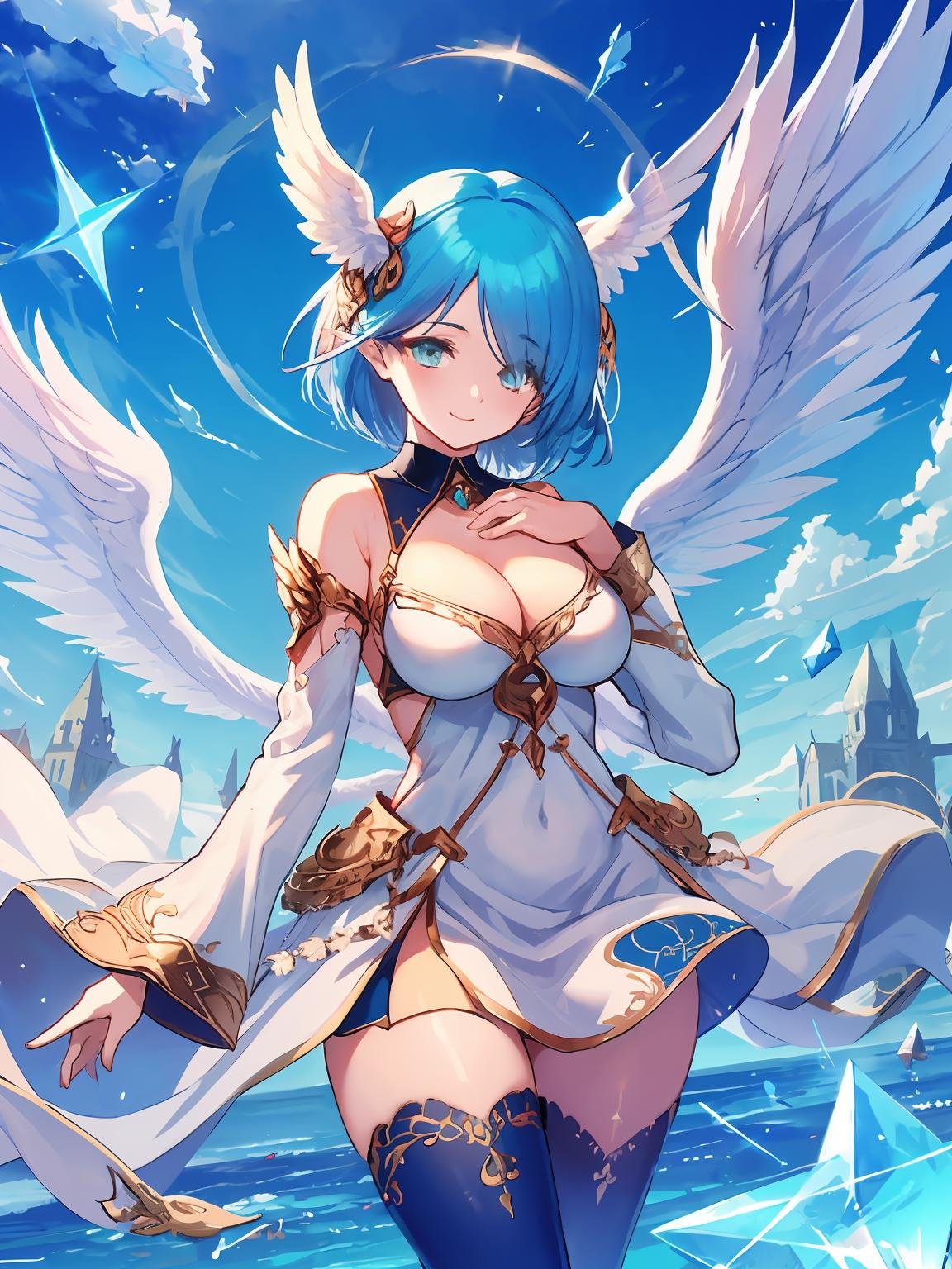 masterpiece,best quality,highres,cinematic lighting,dramatic angle,<lora:ShadowverseAetherV1:0.8> ,1girl,blue hair,short hair,wings,white dress,hand on own chest,smile,jewelry,detached sleeves,detached collar,aqua eyes,cleavage,black thighhighs,thick thighs,sunshine,blue sky,hair ornament,cowboy shot,floating objects,crystals,glowing,magic