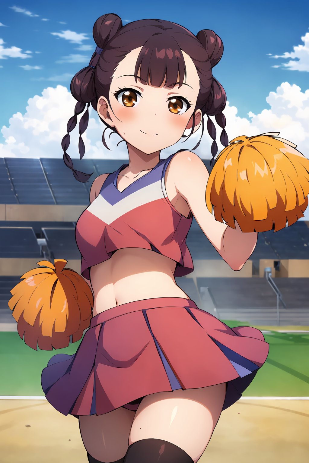 HDR,UHD,best quality,Highly detailed,masterpiece,Professional,<lora:dongfangqinlan:0.7>,dongfangqinlan,1girl,solo,blush,brown eyes,braid,brown hair,hair bun,twin braids,double bun,bow,smile,black_thighhighs,(cheerleader:1.5),