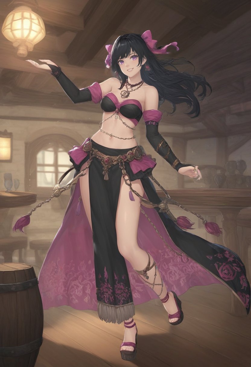 score_9, score_8_up, score_7_up, source_anime, ((1girl, solo):1.5), black hair, purple eyes, tavern, on stage, long hair,BREAK full body, looking at viewer, smile, sandals, bridal gauntlets,  necklace, hair bow, bow, breasts, skirt, midriff, navel, bare shoulders, (black clothing:1.5), wedge heels  <lora:DncAf:.75> dncaf, dancing, 