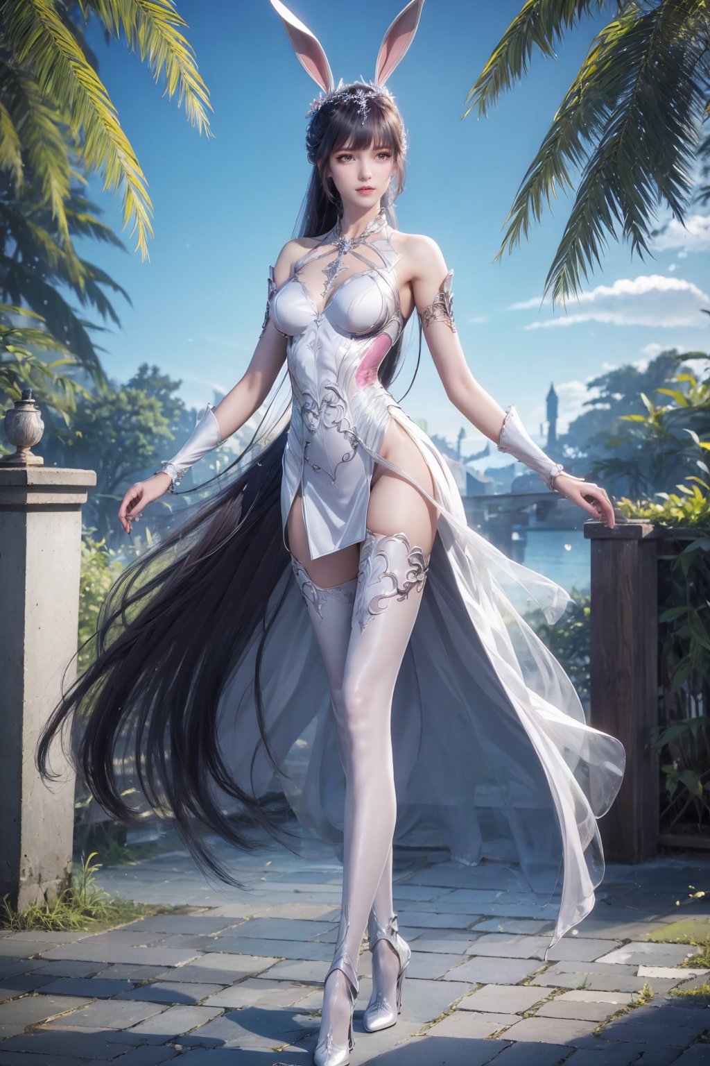 <lora:AgainXiaowu:0.8>, AgainXiaowu, 1girl, solo, animal ears, rabbit ears, long hair, full body, ponytail, tree, hair ornament, high heels, thighhighs, metal collar, sky, palm tree, blue sky, very long hair, dress, bare shoulders, medium breasts, white footwear, standing, white dress, grass, crossed legs, night, see-through