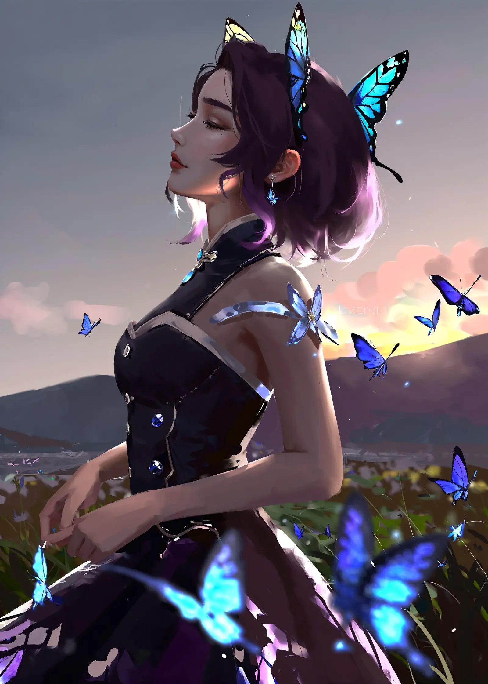 by nixeu, 1girl, kochou shinobu, bug, butterfly, solo, butterfly hair ornament, hair ornament, closed eyes, profile, black hair, bare shoulders, from side, breasts, purple hair, blue butterfly, blurry, multicolored hair, eyelashes, short hair, strapless, lips, depth of field, nose, parted lips, dress, realistic, cowboy shot, gradient hair, backlighting, bare arms, web address