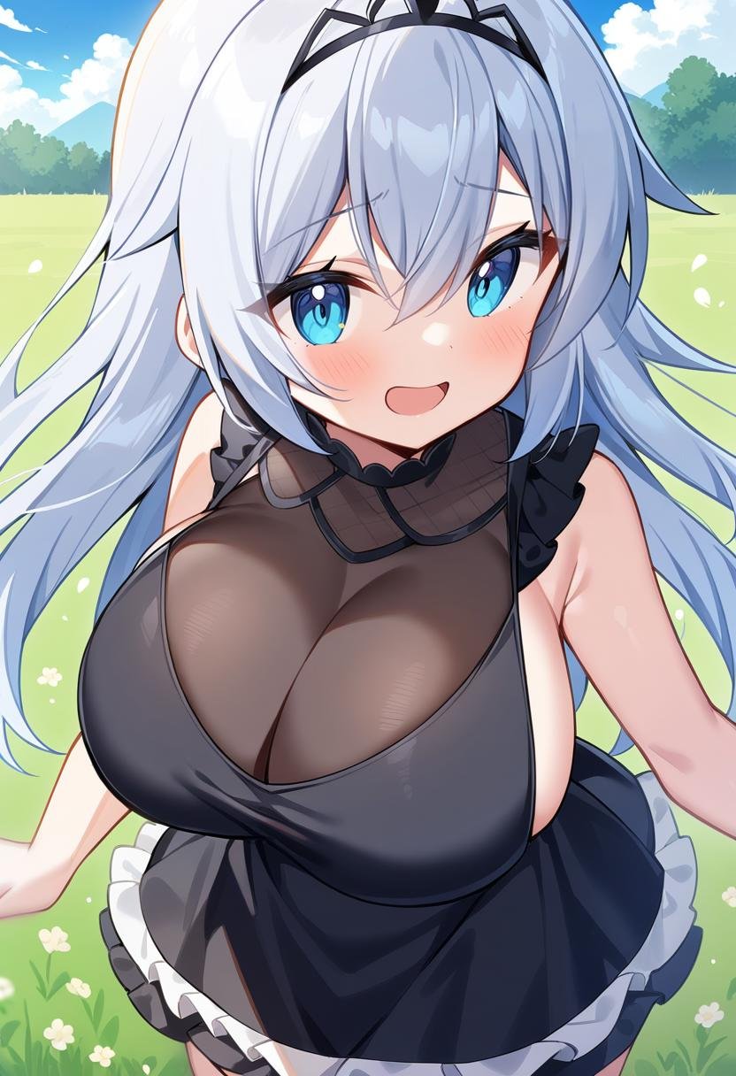1girl, solo, aged down, yano mitsuki \(nanairo\),long hair, silver hair, blue eyes, huge breasts, black dress, frilled dress, frills, cleavage, see-through cleavage, open mouth, sideboob, tiara, blue sky, field, masterpiece, best quality, very aesthetic, absurdres,