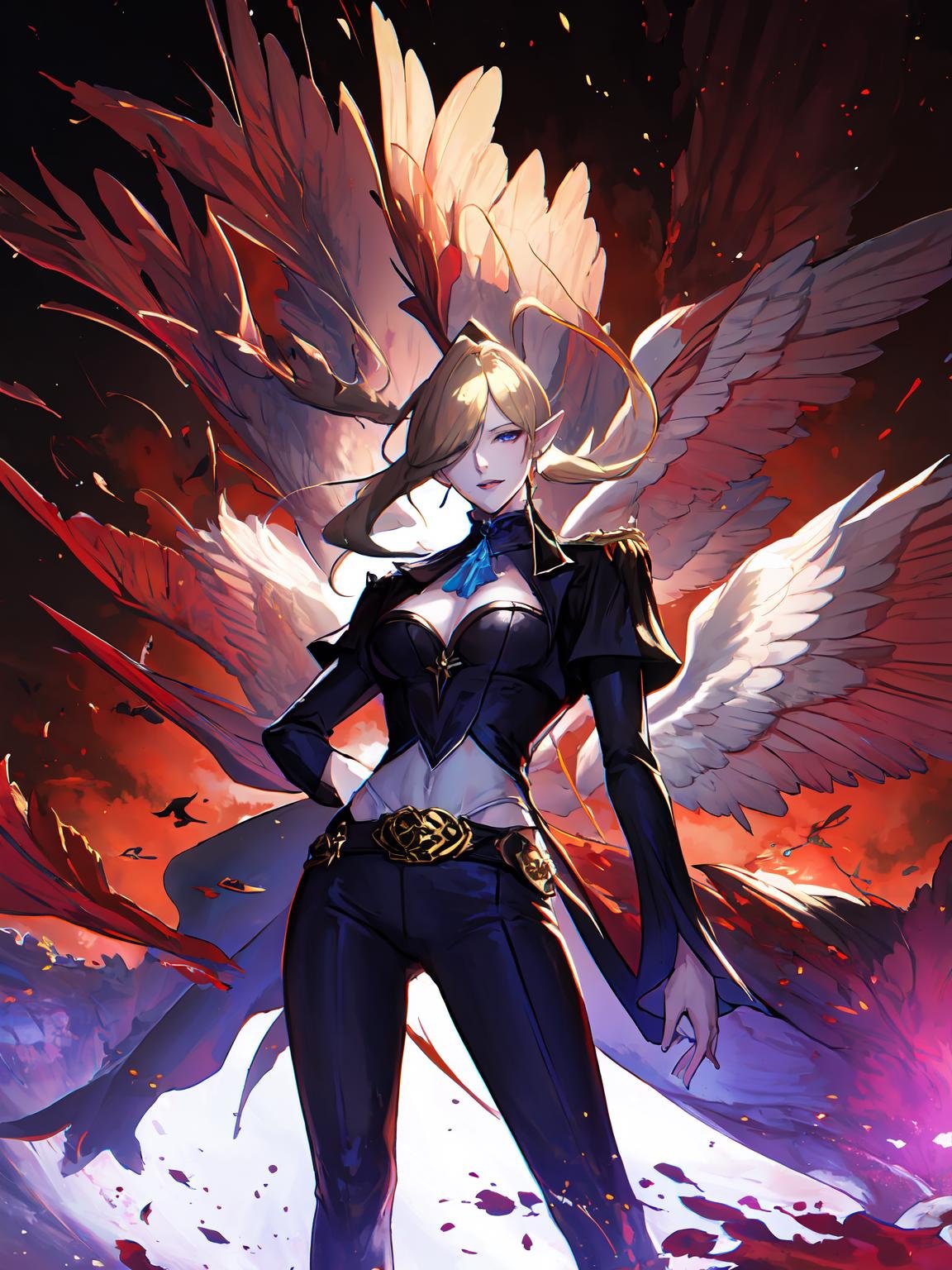 masterpiece,best quality,highres,cinematic lighting,dramatic angle,<lora:ShadowverseValnareikV3-000045:0.8>,1girl,(mature female:1.2),blonde hair,wings,extremely finely detailed purple eyes,blood,ponytail,puffy sleeves,ascot,turtleneck,cleavage,white shirt,mole,makeup,looking at viewer,smile,belt,decorations,gold-trimmed,pointy ears,black suit,jewelry,black jacket,black leather pants,parted lips,evil smile,shaded face,cowboy shot,pale skin,action pose,floating,high heels,bell-bottoms