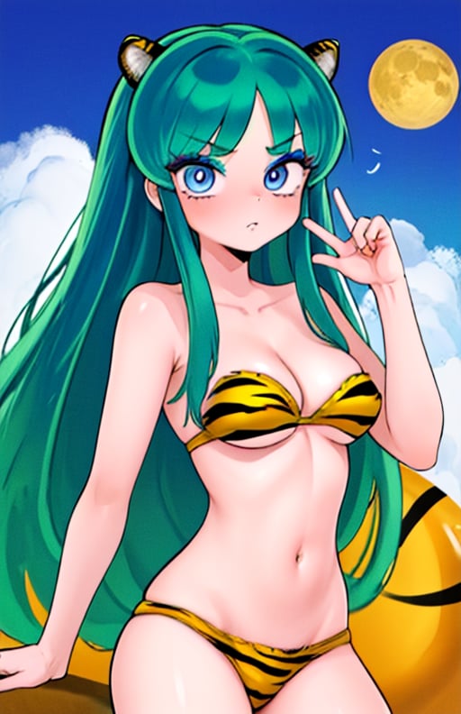 best quality, (masterpiece),(ultra-detailed), (high quality), (high resolution), <lora:Lum:0.7>,lum, 1girl, solo, long hair, breasts, blue eyes, cleavage, medium breasts, swimsuit,  bikini, green hair, horns, strapless, makeup, moon, animal print, eyeshadow, oni horns, oni,  tiger print, strapless bikini, anime coloring