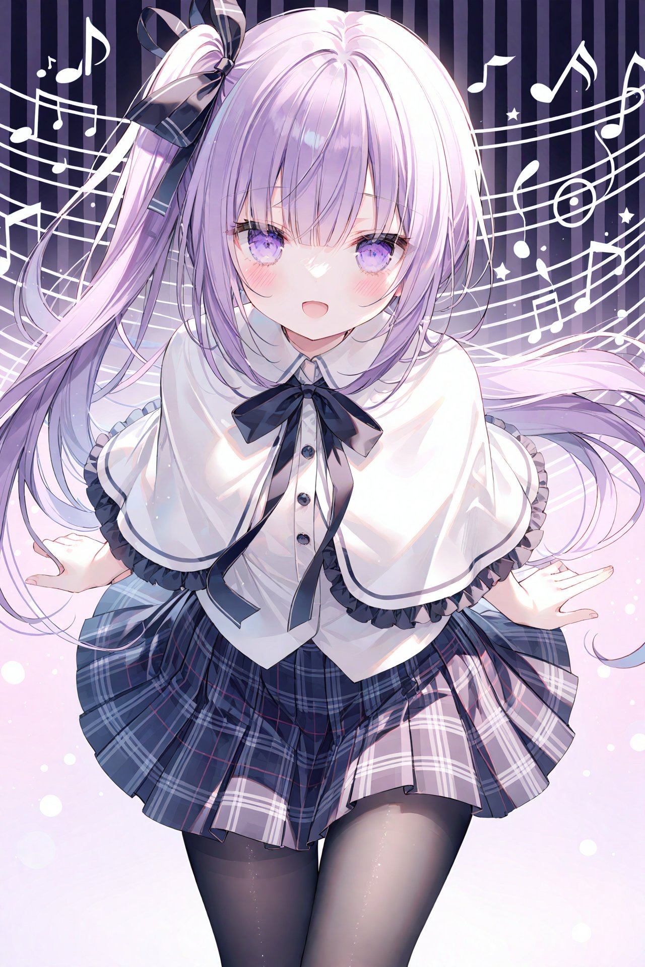 (masterpiece),(best quality),[Artist chen bin],[Artist onineko],loli,1girl,solo,purple eyes,long hair,pantyhose,ribbon,smile,open mouth,skirt,hair ribbon,plaid,plaid skirt,musical note,looking at viewer,black pantyhose,:d,capelet,side ponytail,eighth note,treble clef,striped background,very long hair,bangs,purple hair,blush,