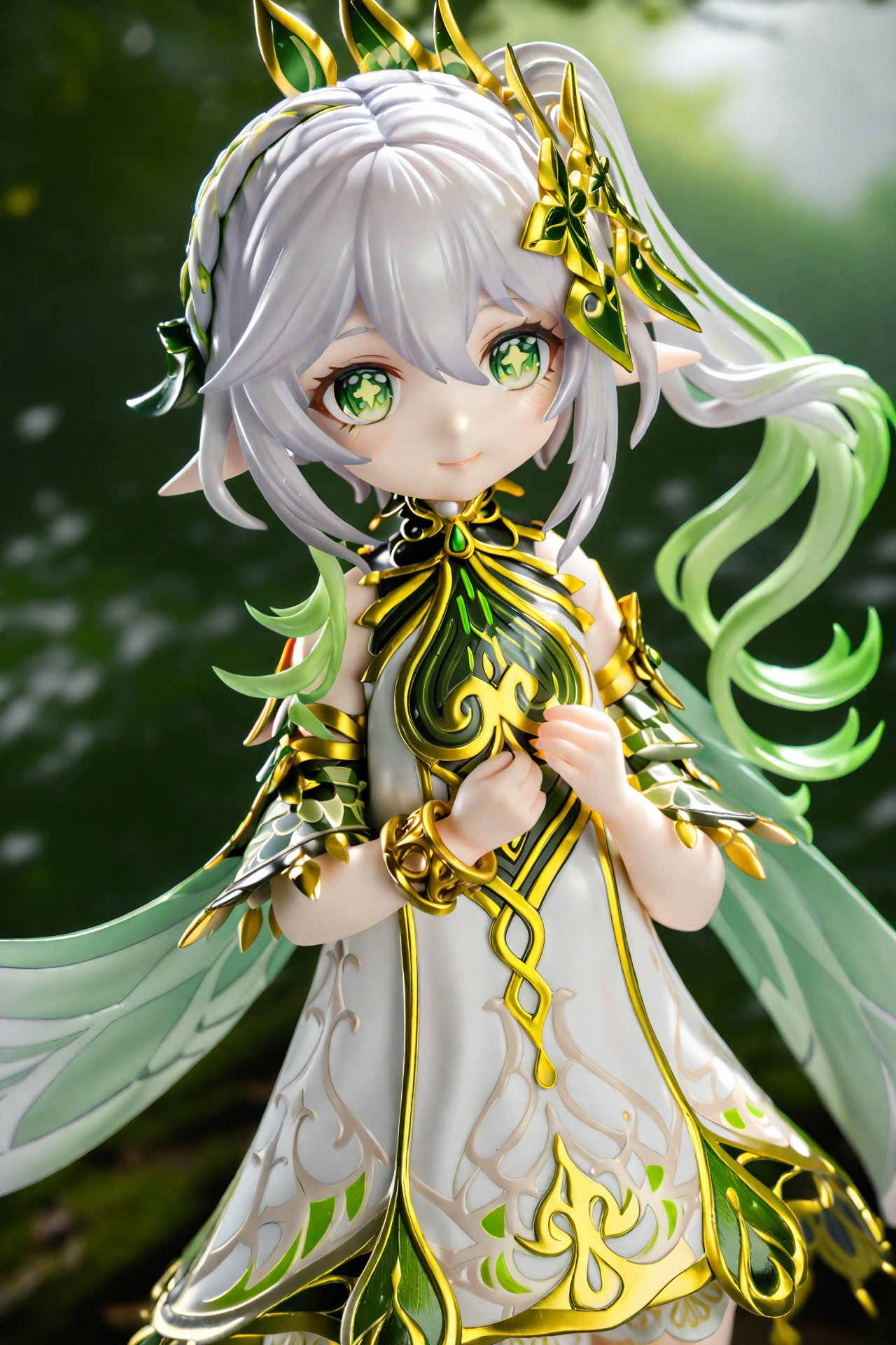 masterpiece,Realism,best quality,PVC Style,1girl, nahida \(genshin impact\), green eyes, solo, side ponytail, hair ornament, pointy ears, white hair, symbol-shaped pupils, multicolored hair, bracelet, long hair, smile, dress, looking at viewer, white dress, jewelry, blurry, hair between eyes, gradient hair, sidelocks, detached sleeves, cape, depth of field, short sleeves, green hair, green cape, leaf hair ornament,  <lora:HANS-PVC22-000021:1>