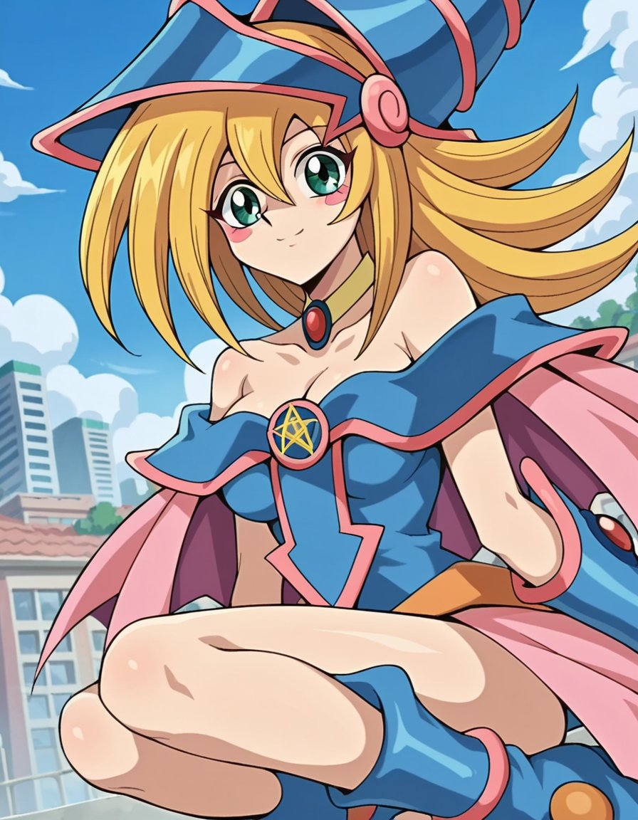 score_9, score_8_up, score_7_up, source_anime,darkmagiciangirl, <lora:dark-magician-girl-anime-ponyxl-lora-nochekaiser:1>dark magician girl, blonde hair, choker, green eyes, long hair, blush, blush stickers,bare shoulders, blue footwear, blush, blush stickers, cleavage, collarbone, duel monster, hat, off shoulder, pentacle, wizard hat,outdoors, cityscape, smile,looking at viewer, dutch angle, cowboy shot,