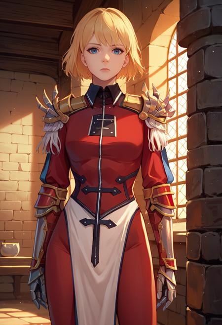 score_9, score_8_up, score_7_up, source_anime, solo, 1girl, cha hae-in, expressionless, looking at viewer, standing, red armor, black collar, shoulder armor, long sleeves, gauntlets, white pelvic curtain, red leggings, indoors, medieval, stone wall <lora:sololeveling_chahae-in_ponyXL:1>