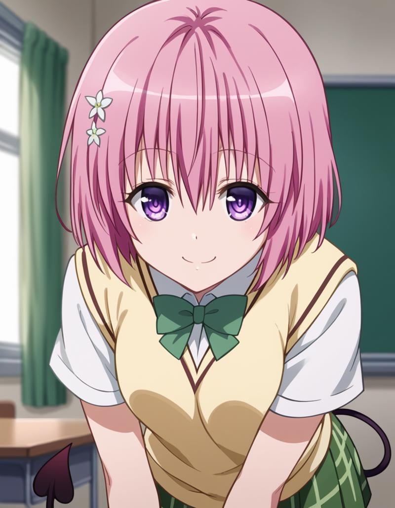 score_9, score_8_up, score_7_up, source_anime,momodeviluke, <lora:momo-deviluke-darkness-ponyxl-lora-nochekaiser:1>,momo deviluke, demon tail, hair flower, hair ornament, purple eyes, pink hair, short hair, tail,demon tail, green skirt, plaid, plaid skirt, sainan high school uniform, school uniform, skirt, sweater vest, thighhighs, yellow sweater, short sleeves, bow, green bow,indoors, classroom, bent over, smile,looking at viewer, cowboy shot, dutch angle, solo,