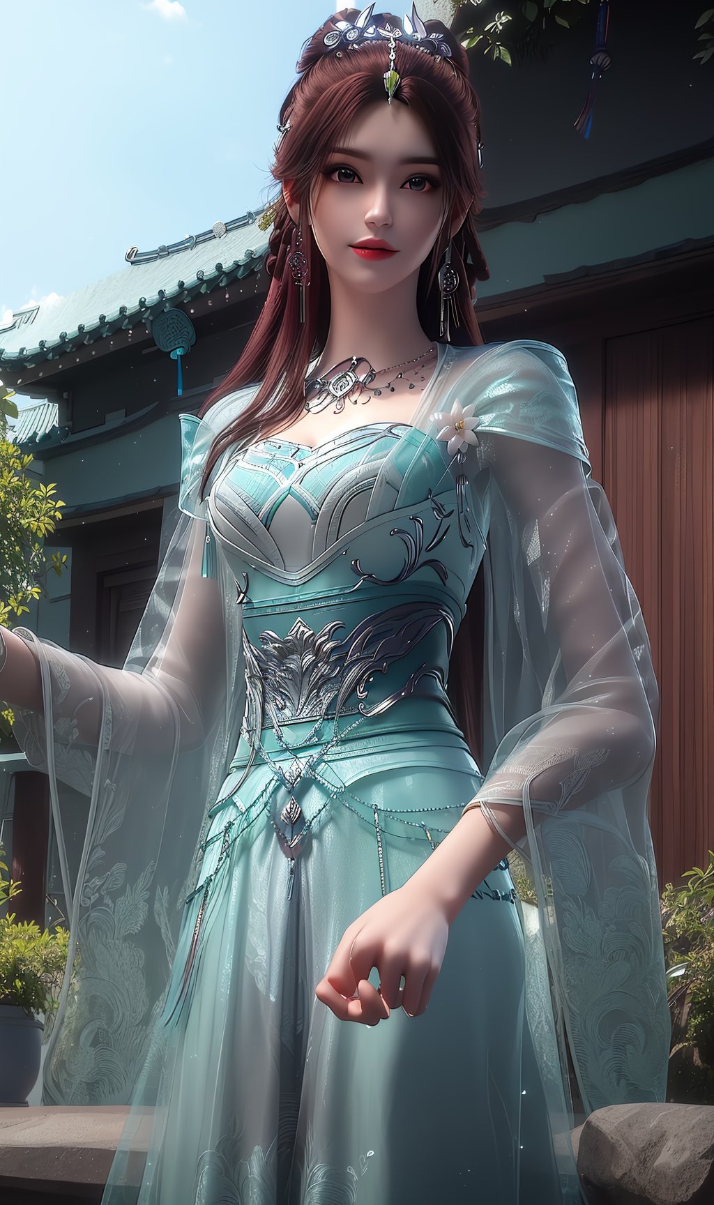 masterpiece,(best quality),official art, extremely detailed cg 8k wallpaper,((crystalstexture skin)), (extremely delicate and beautiful),highly detailed,1girl,solo,long hair,headwear,(standing),( hair),(( dress)),, (chinese_clothes),sweet smile,((upper body)), (medium breasts),((hair_ornament)),,(long_dress),(clothes),(dress),(chinese_clothes),(long_skirts)，(sunshine, outdoor,),((looking_at_viewer)),((Facing the camera))，, <lora:hipoly3DModelLora_v10:0.3>