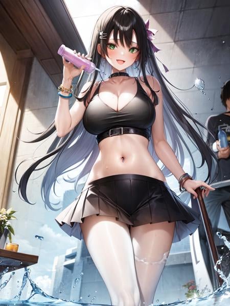 masterpiece, best quality, <lora:kak-2:1>, 1girl, :d, arm_up, bangs, bare_arms, bare_shoulders, black_hair, bottle, bracelet, breasts, cleavage, collarbone, cowboy_shot, crop_top, green_eyes, hair_ribbon, holding, holding_bottle, jewelry, large_breasts, long_hair, looking_at_viewer, midriff, miniskirt, navel, open_mouth, pleated_skirt, ribbon, simple_background, skirt, sleeveless_shirt, smile, solo, standing, stomach, thighs, water_bottle, white_background