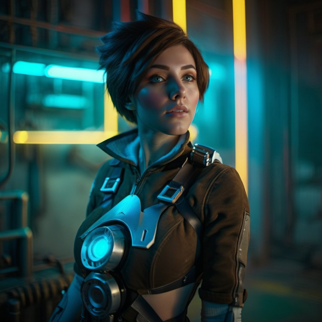 cinematic photo a woman in a futuristic cyberpunk background, neon lights <lora:Tracer1024:0.8> . 35mm photograph, film, bokeh, professional, 4k, highly detailed