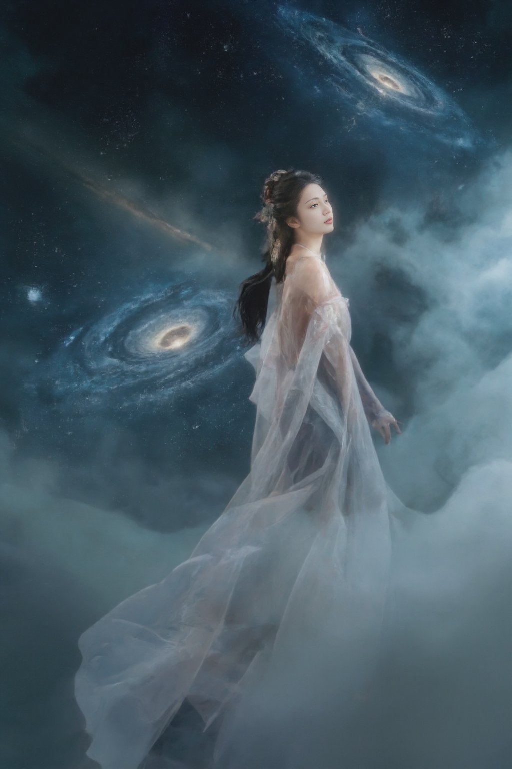 (on the outer space galaxy:1.8),black holes,gorgeous,majestic,(1girl:1.2),beautiful face,Facial details,Proper facial features,long hair,(Chinese style Hanfu 1.2),Floating in high altitude,People in the clouds,Reduced body proportions,surrealism,big scene,best quality,16k,ultra high definition,highres,very detailed,best quality,wideshot,(Reduce the proportion of people:1.6),vast landscape,