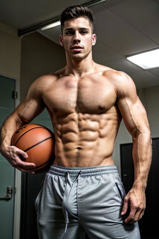 full shot, a handsome young muscular latin basketball player with a crotch bulge, sweat pants, confident, realistic, 4k, highly detailed, perfect face