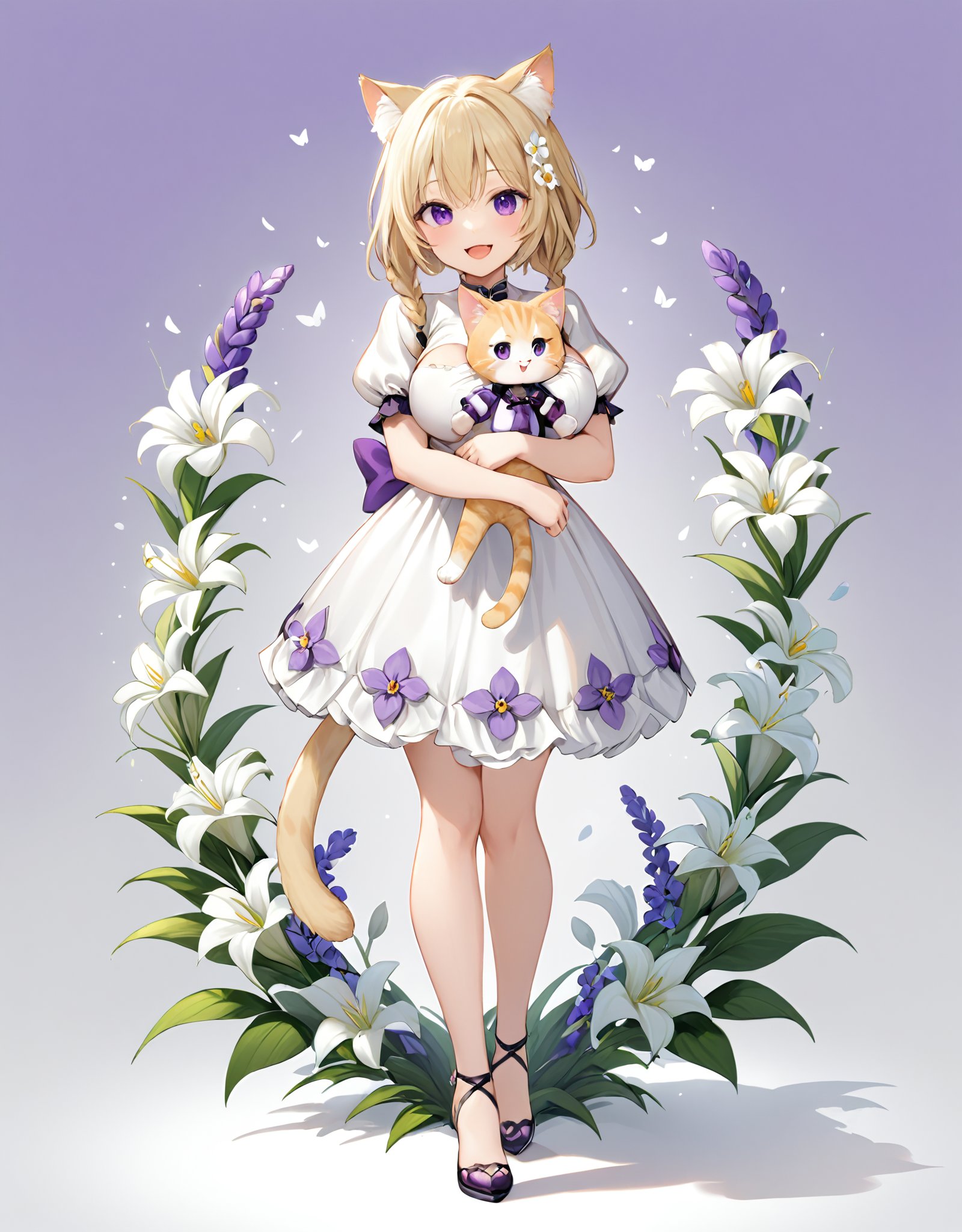 highres,best quality, 1girl, :d, animal ears, blonde hair, braid, breasts, cat ears, cat girl, cat tail, dress, flower, full body, holding, holding doll, large breasts, medium hair, open mouth, puffy short sleeves, puffy sleeves, purple eyes, short sleeves, smile, solo, tail, twin braids, white dress, white flower, white hair