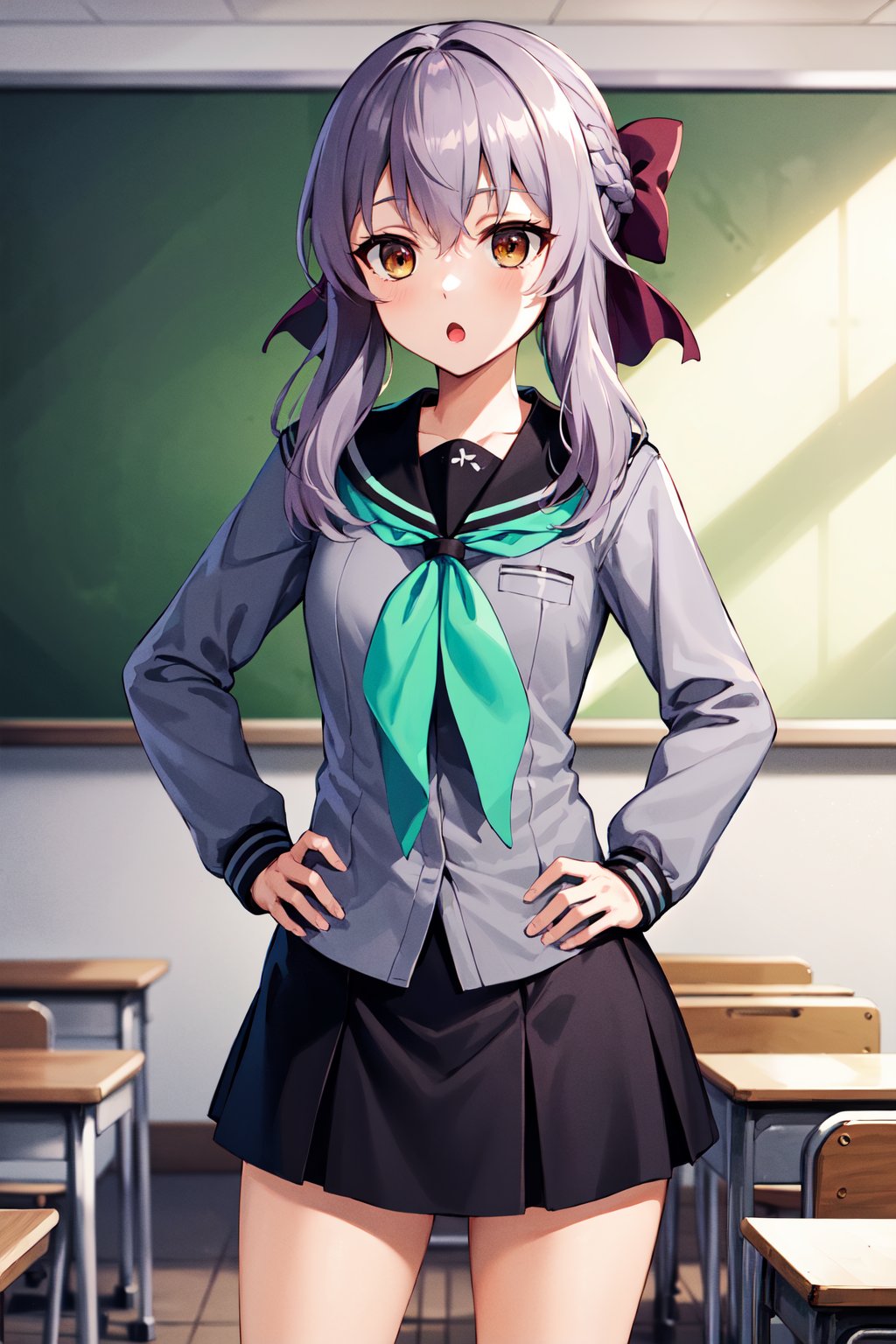 masterpiece, best quality, highres, aashinoa, hair bow, serafuku, sailor collar, green neckerchief, grey shirt, long sleeves, black skirt, <lora:hiiragi_shinoa_v1:0.7>, :o, hand on hip, standing, cowboy shot, classroom, 