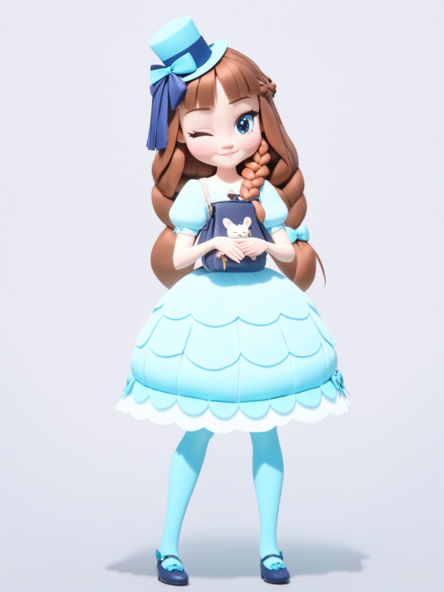 <lora:xl_Disney style(kohaku_delta)-000006:1>,Disney style,3d,1girl,one eye closed,solo,blue eyes,brown hair,jellyfish,dress,bow,long hair,:3,braid,hair bow,hat,;3,full body,smile,looking at viewer,bag,white background,blue dress,short sleeves,single braid,holding,mini hat,blue bow,handbag,shoes,lolita fashion,puffy sleeves,blue legwear,standing,top hat,ribbon,pantyhose,puffy short sleeves,, masterpiece, best quality,