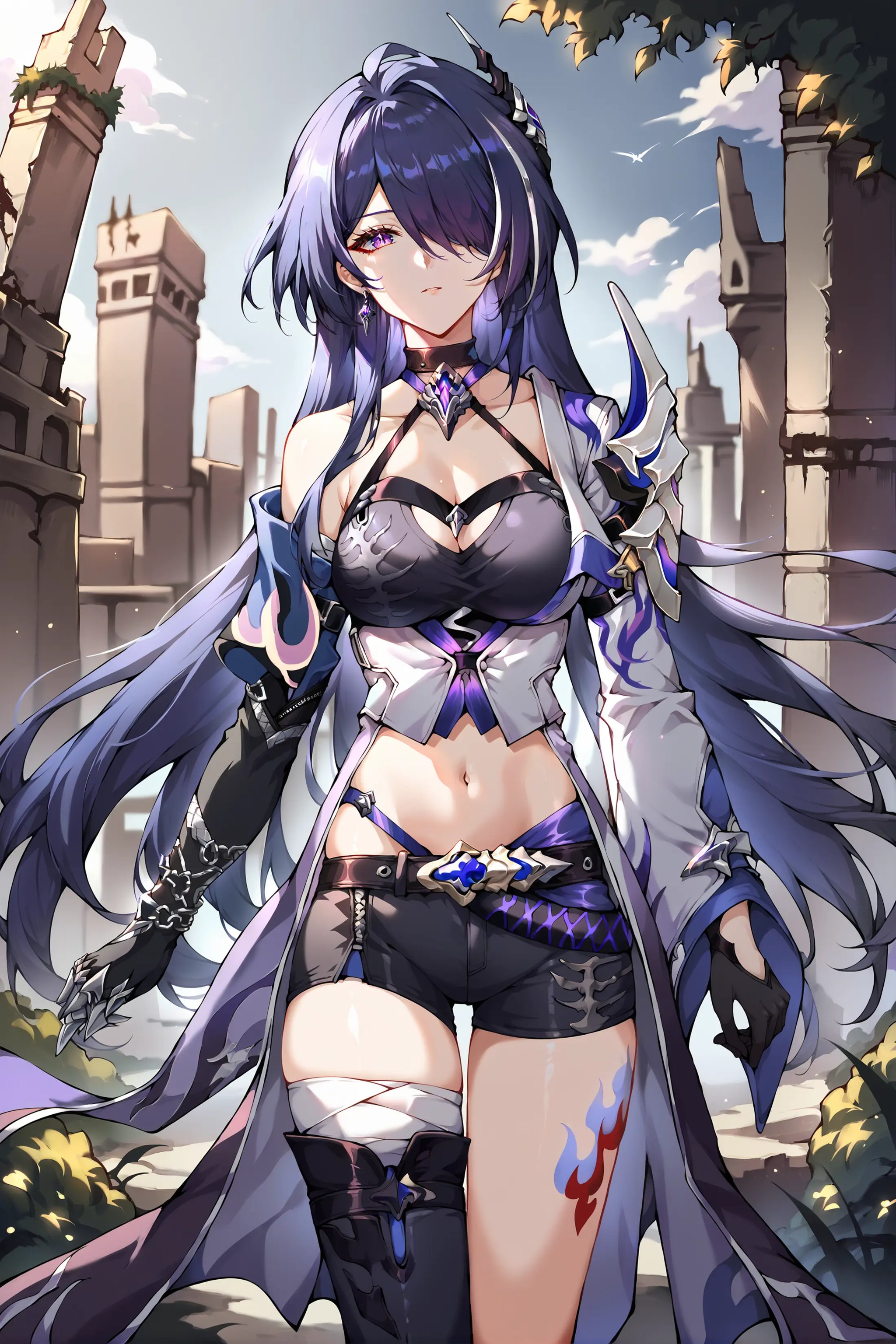 score_9, score_8_up, score_7_up, 1girl, acheron \(honkai: star rail\), solo, long hair, short shorts, leg tattoo, single thigh boot, standing, midriff, black gloves, hair ornament, choker, long coat, single sleeve, single gauntlet, uneven legwear, looking at viewer, city ruins, outdoors, depth of field, cowboy shot, looking at viewer <lora:Char-HonkaiSR-Acheron-Pony-V1:0.9>  <lora:urushihara-lora04_PonyXL:0.7>