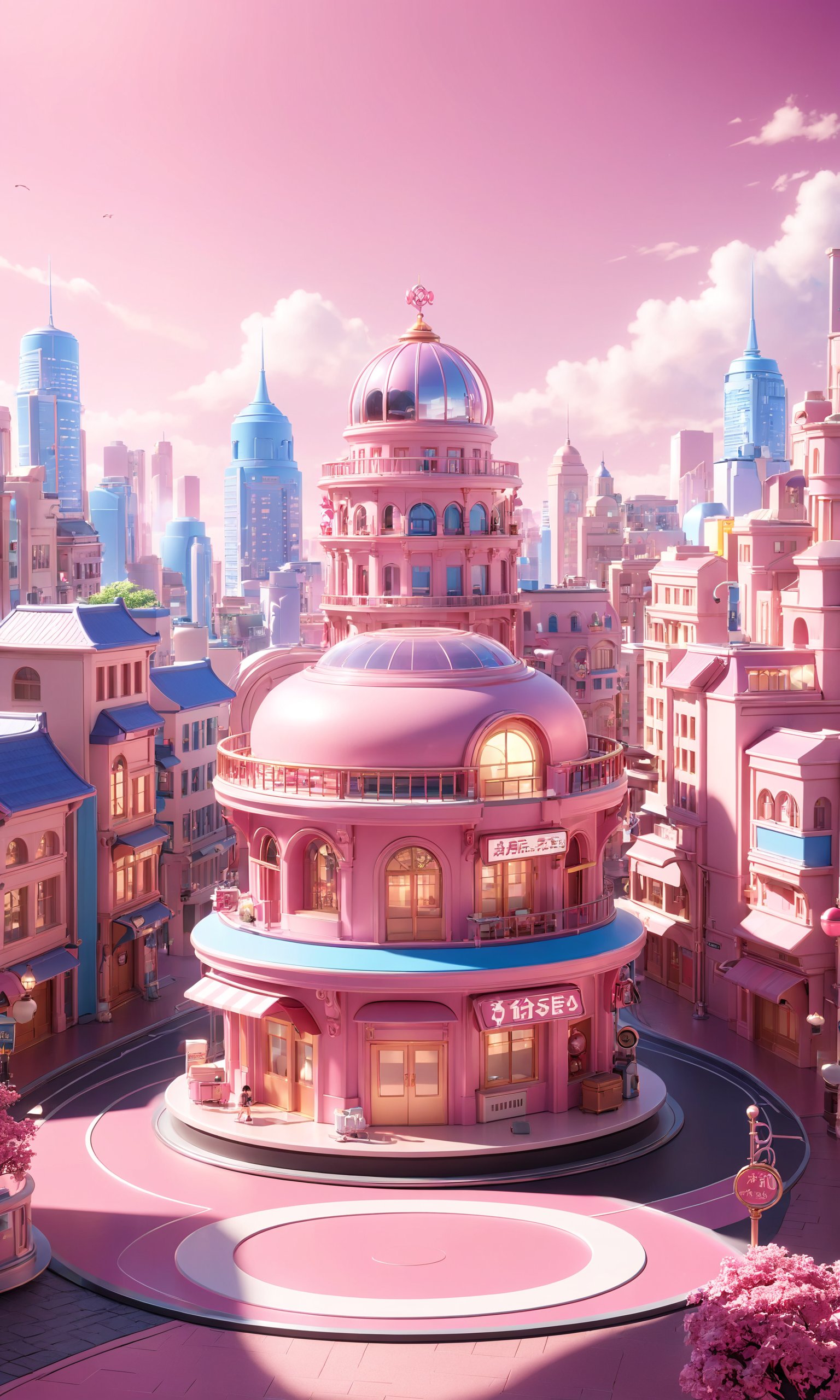 professional 3d model,anime artwork pixar,3d style,good shine,OC rendering,highly detailed,volumetric,dramatic lighting,building,circular,powder,city background,pink,cartoon,beautiful colorful background,very beautiful,masterpiece,best quality,super detail,anime style,key visual,vibrant,studio anime