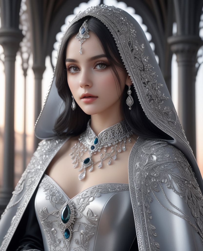 ultra detailed 8k cg, intricate detail, delicate patern, jewelry, gem, silver, silver theme, shiny, glint, sparkle,  silver cloak, silver eyes, rich, prestige, gothic architecture,