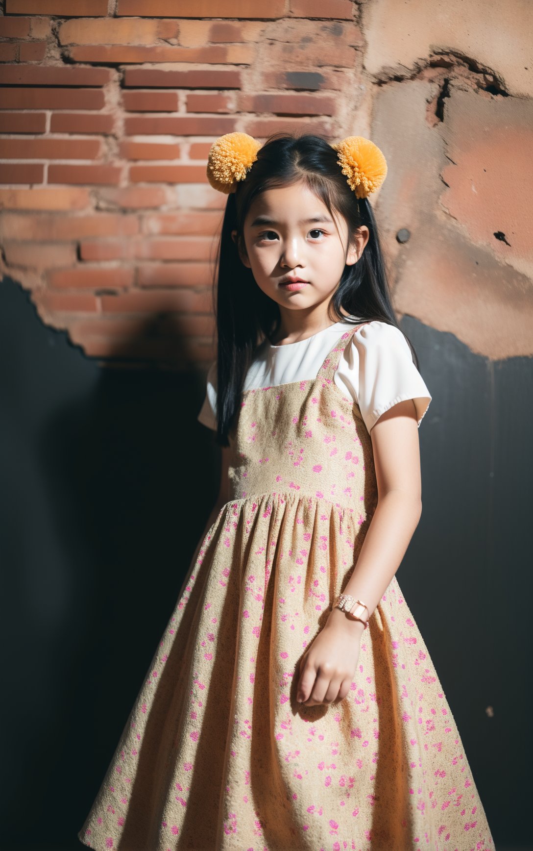 cover art,a little girl standing next to a brick wall wearing a dress with pineapples on it and a red pom - pom,1girl,solo,black hair,jewelry,dress,bracelet,looking at viewer,black eyes,hand on hip,floral print,realistic,short sleeves,(masterpiece, top quality, best quality, official art, beautiful and aesthetic:1.2),cover art,