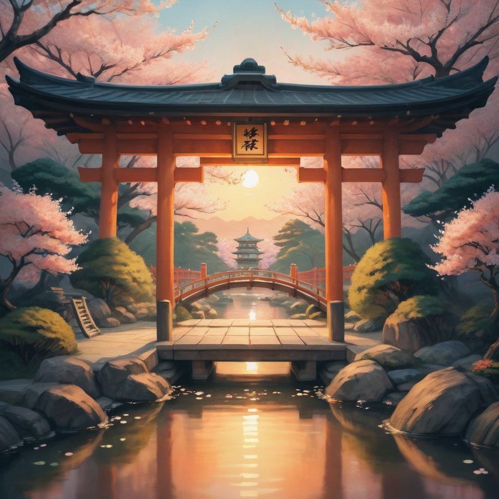 (digital painting),(best quality),serene Japanese garden,cherry blossoms in full bloom,koi pond,footbridge,pagoda,Ukiyo-e art style,Hokusai inspiration,Deviant Art popular,8k ultra-realistic,pastel color scheme,soft lighting,golden hour,tranquil atmosphere,landscape orientation,