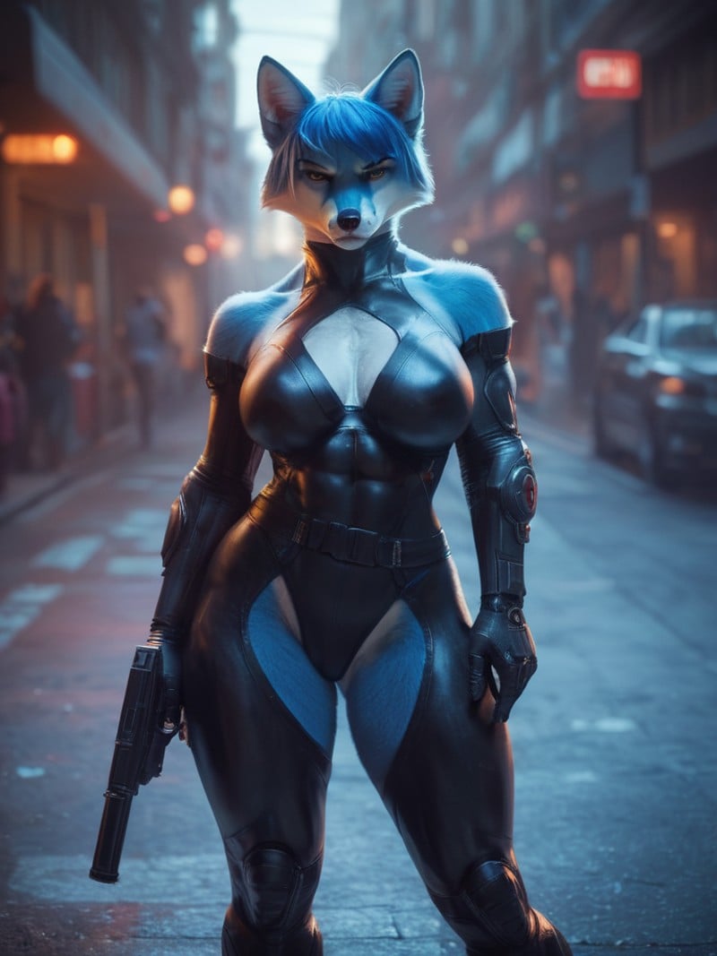 score_9, score_8_up, score_7_up, photorealistic, high quality, raw photo, female, furry fox, blue fur, scifi, sexy, revealing scifi armor, black outfit, futuristic bight city street, short blue hair, big breast, serious, big muscle, weapon gun