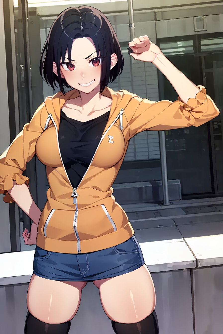 (masterpiece, best quality), 1girl, (solo), looking at viewer,grin, teeth, smile,<lora:AngryExGF (Stopman)-offset:1>, Angry-Ex-GF, red eyes, breasts, forehead,orange hoodie, denim skirt, miniskirt, black thighhighs, black undershirt,