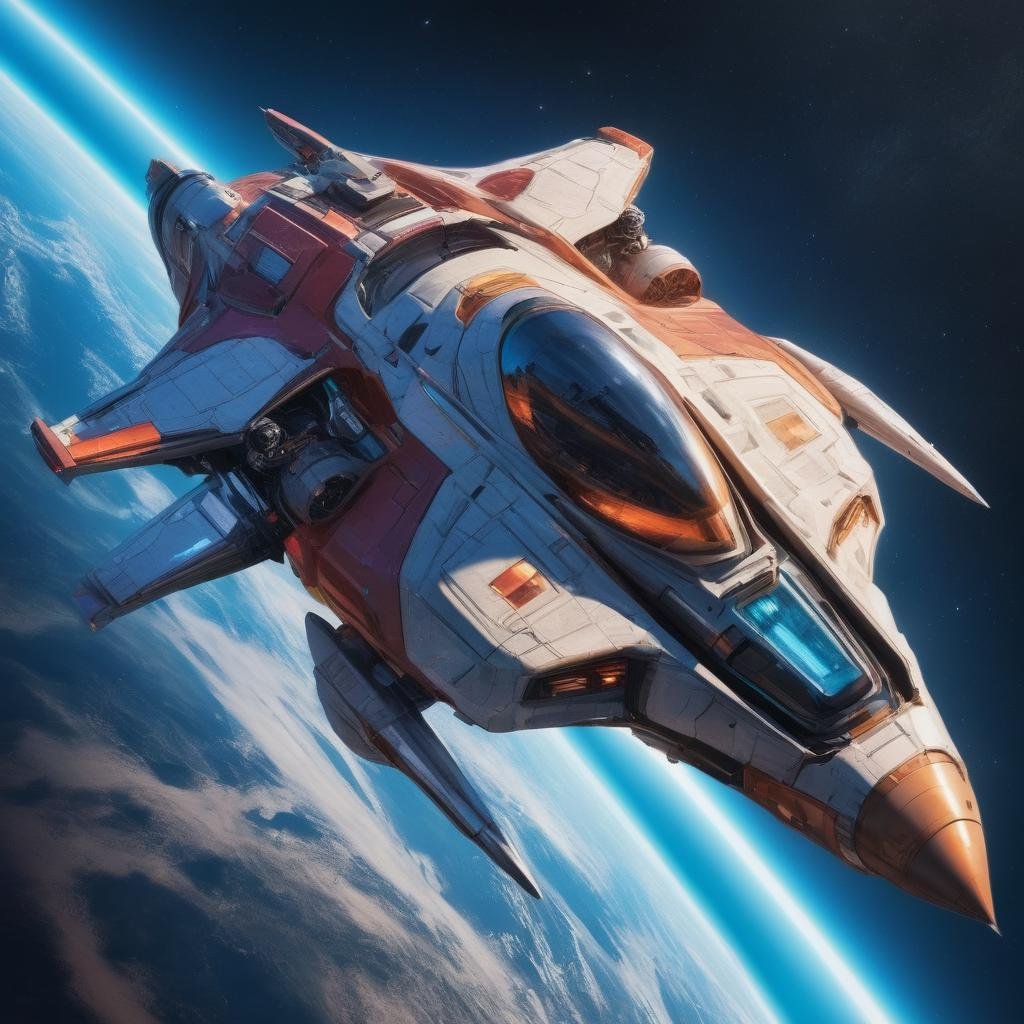 spaceship [fighter jet::0.2] orbit planet Earth space moon stars warpdrive hyperspace shield generators chrome impulse engines, shiny brand new futuristic sci-fi plasma thrusters sleek beautiful graceful engineering, colorful vivid saturated rich vibrant