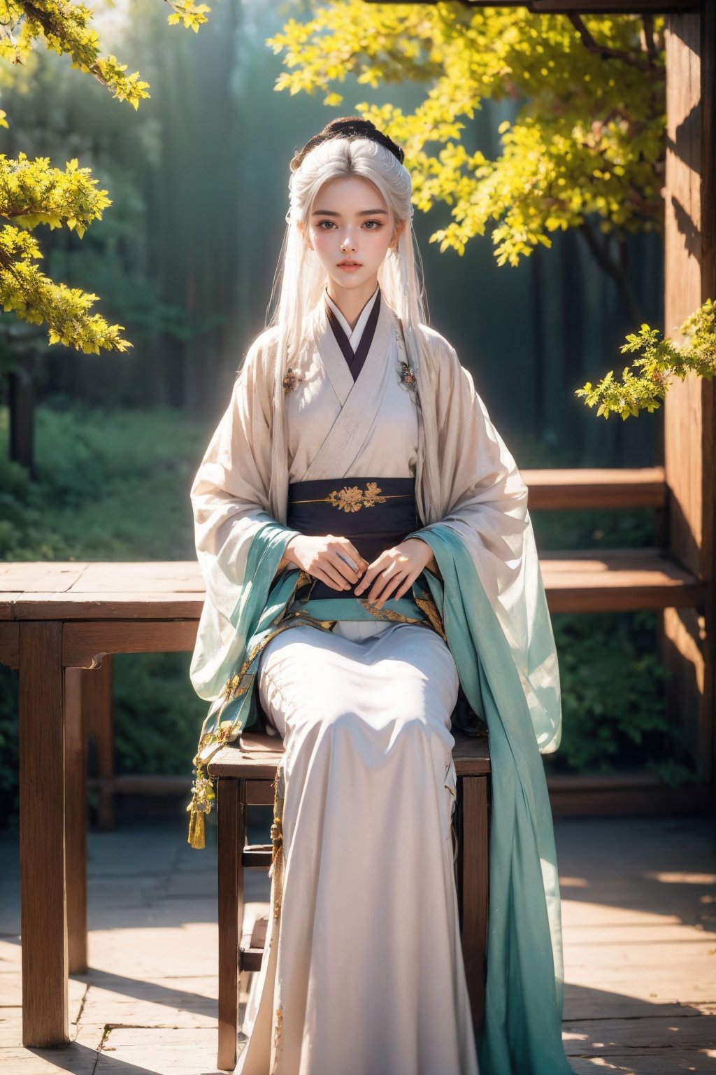 Dqsj,1Girl,solo,(white hair: 1.3) (white Hanfu:1.3),circular mural,stone,half body close-up,(sitting on the Grand Tutor's Chair:1.3),autumn theme,indoor,simple background,cinematic sense,scale and narrative sense,ethereal scene,peaceful solitude,stunning contrast and shadows,8k,photography,ultra detailed,surreal,masterpiece,depth of field,bright colors,superlight compensation,caustics,