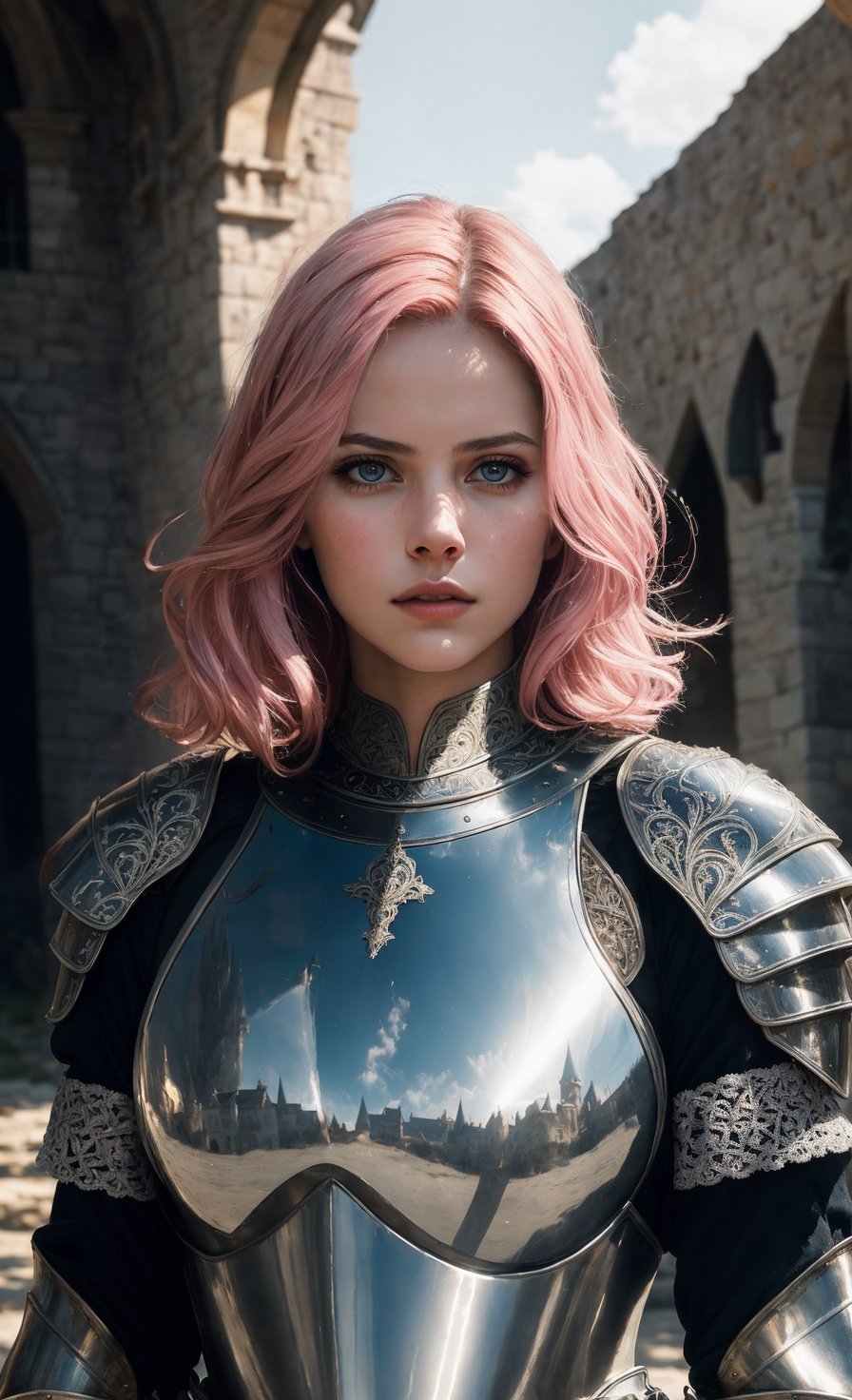 (masterpiece), (extremely intricate:1.3), (realistic), portrait of a girl, pink hair, the most beautiful in the world, (medieval armor), metal reflections, upper body, outdoors, intense sunlight, far away castle, professional photograph of a stunning woman detailed, sharp focus, dramatic, award winning, cinematic lighting, octane render, unreal engine, volumetrics dtx, (film grain)