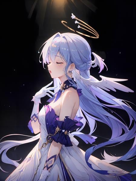 ((masterpiece,best quality)), 1girl, robin, head wings, halo, white gloves, singing, dark background, (stage, spotlight), closed eyes, depth of field, (from side), floating hair, hand on own chest,