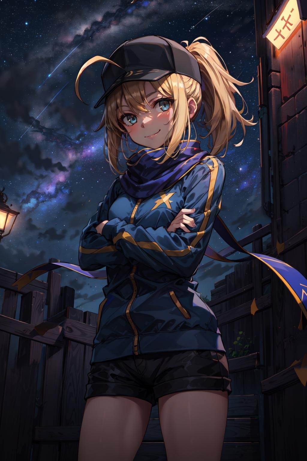 masterpiece,best quality,mhx,1girl,ahoge,og_ver,light smile,perfect hands,standing,crossed arms,starry sky,<lyco:CHAR-FGO-Mysterious Heroine X and XX_v4-hmphurgh:0.6>,