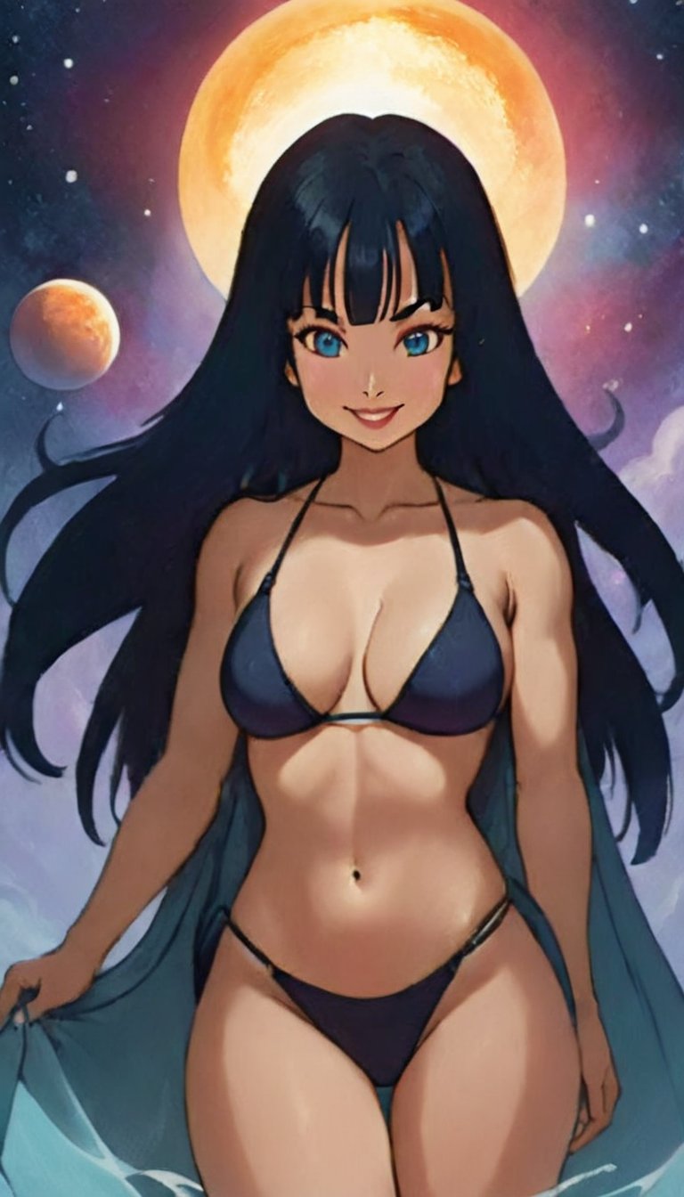 ethereal fantasy concept art of   <lora:MaiDBBallXL:1> maidbball, bikini, smiling, black hair <lora:SexyConiAIv2p:.5> sexy  . magnificent, celestial, ethereal, painterly, epic, majestic, magical, fantasy art, cover art, dreamy