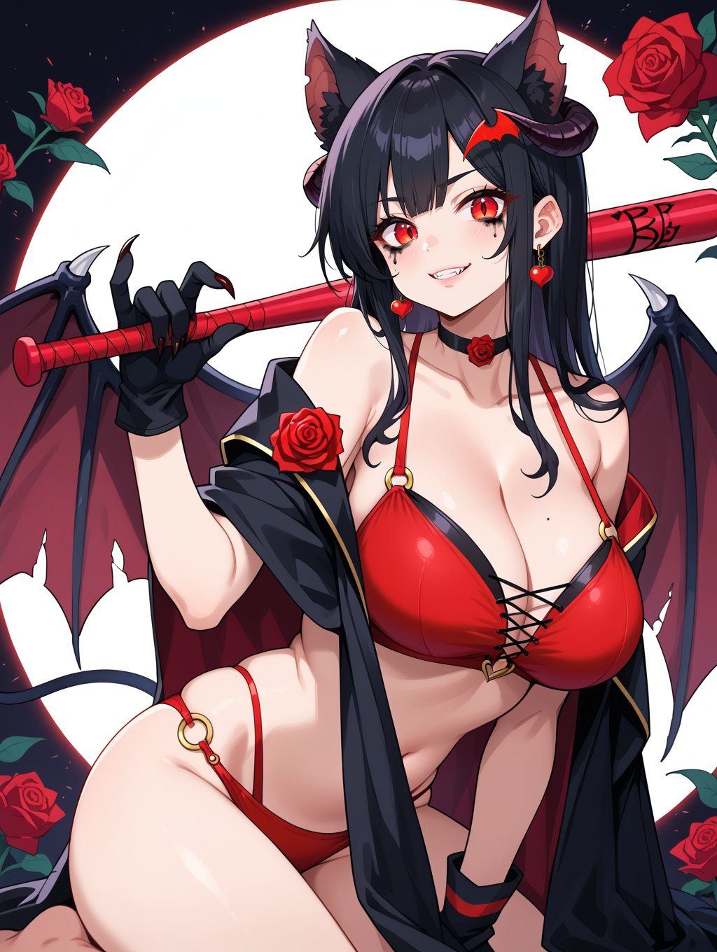 score_9, score_8_up, score_7_up,source_anime, 1girl, Off-shoulder, black hair, collarbone, black and red bikini swimsuit, bright red rose decoration, big cleavage,Demon symbolic painting, scary background, rose effect,Demon cosplay, big wolf gloves, big bat wings, demon tail, cute makeup,Black cloak, golden baseball bat