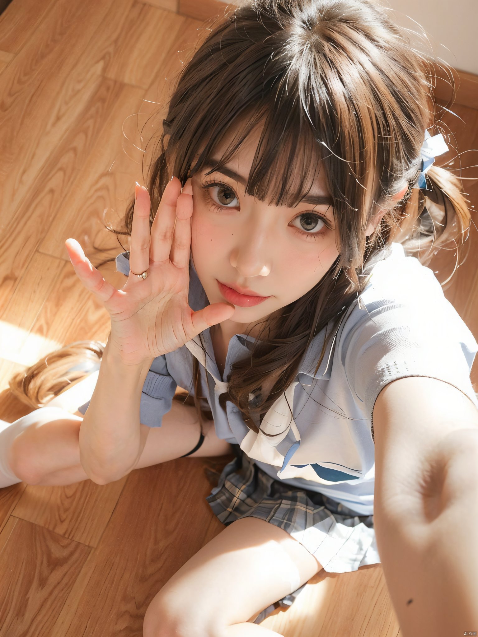 1girl, solo, long hair, looking at viewer, smile, skirt, shirt, black hair, sitting, school uniform, white shirt, short sleeves, socks, black eyes, head tilt, plaid, kneehighs, cosplay, plaid skirt, ground vehicle, black socks, hand on own face, realistic, hand on own cheek,JK_style,moyou<lora:EMS-14530-EMS:1.000000>, <lora:EMS-64586-EMS:0.800000>