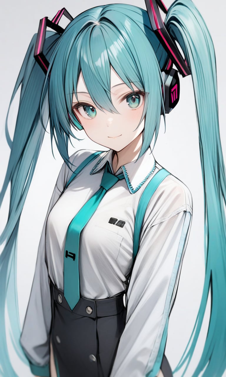 solo, 1girl, hatsune miku, standing, looking at viewer, light smile, upper body, masterpiece, best quality, very aesthetic, absurdres, nyatabe, <lora:Nyatabe_XL:1> 