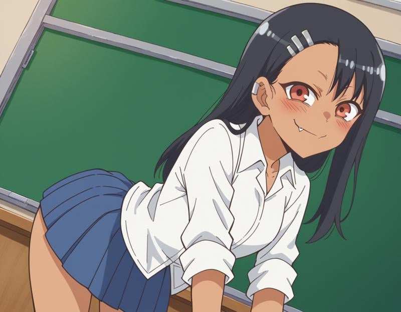 score_9, score_8_up, score_7_up, source_anime,hayasenagatoro, <lora:hayase-nagatoro-s1s2-ponyxl-lora-nochekaiser:1>,hayase nagatoro, long hair, bangs, black hair, hair ornament, brown eyes, hairclip, fang, dark skin, dark-skinned female, tan,skirt, shirt, school uniform, white shirt, pleated skirt, nail polish, blue skirt, red nails, earclip,indoors, classroom, bent over, smile,looking at viewer, cowboy shot, solo, dutch angle,