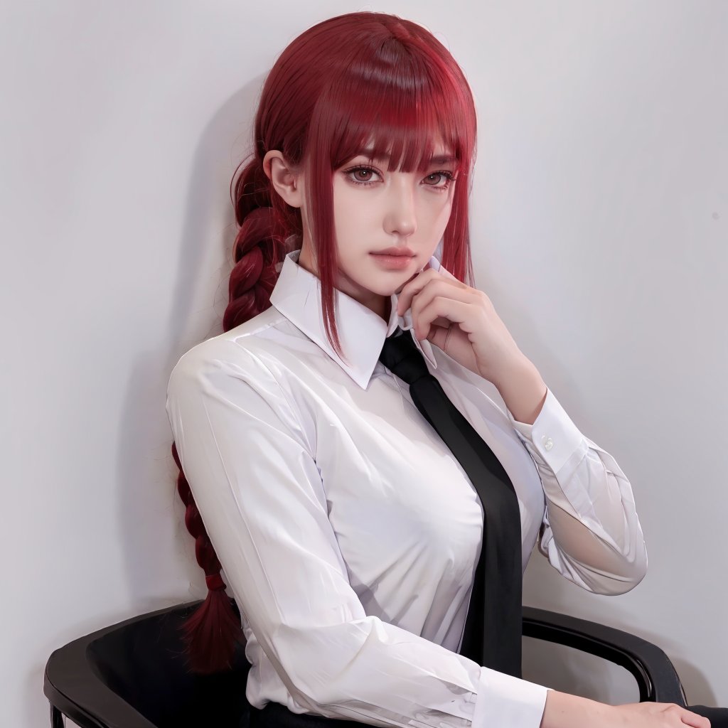 1girl, necktie, makima_\(chainsaw_man\), braid, black_background, formal, ringed_eyes, suit, black_necktie, braided_ponytail, solo, shirt, looking_at_viewer, medium_breasts, long_sleeves, bangs, collared_shirt, business_suit, long_hair, black_pants, breasts, white_shirt<lora:cos圣体:0.8>,