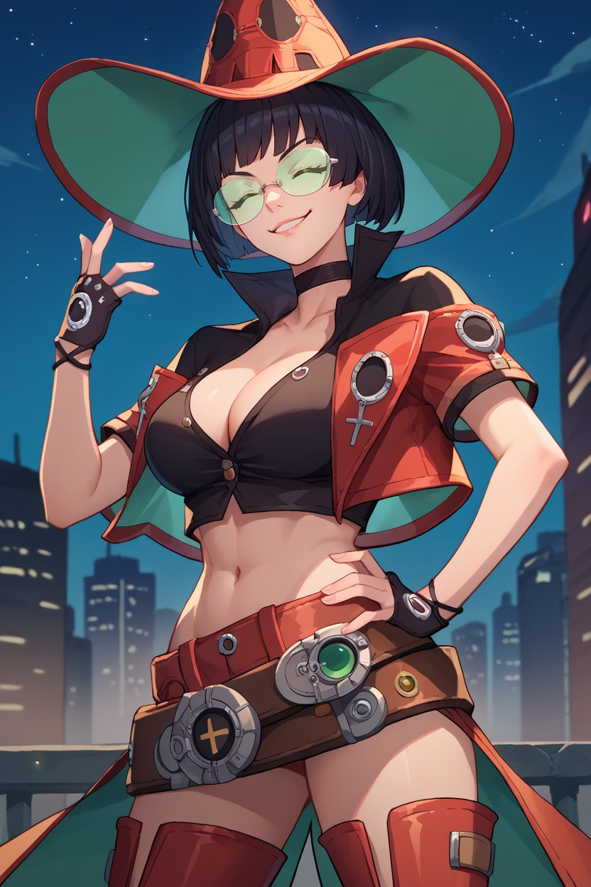 score_9, score_8_up, score_7_up, score_6_up, source_anime, 1girl, solo <lora:ggino-pdxl-nvwls-v1-000005:1> striveIno, black hair, green eyes, hat, choker, tinted eyewear, red jacket, short sleeves, black shirt, midriff, belt, fingerless gloves, thigh boots, large breasts, hand on hip, smug smile, closed eyes, hand up, night sky, city