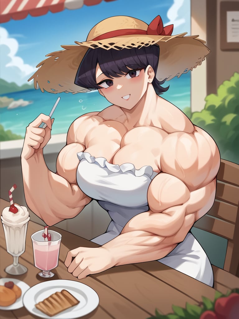 Score_9, score_8_up, score_7_up, score_6_up, score_5_up, score_4_up,  source_anime, 1girl, solo, sitting at a cafe table, dutch angle, outdoors cafe background, mature female, BREAK, Komi Shuuko, muscular female, big muscle, smile, short hair, looking at viewer, frilled white dress, straw hat, BREAK, milkshake, <lora:MusctonkXL:1>