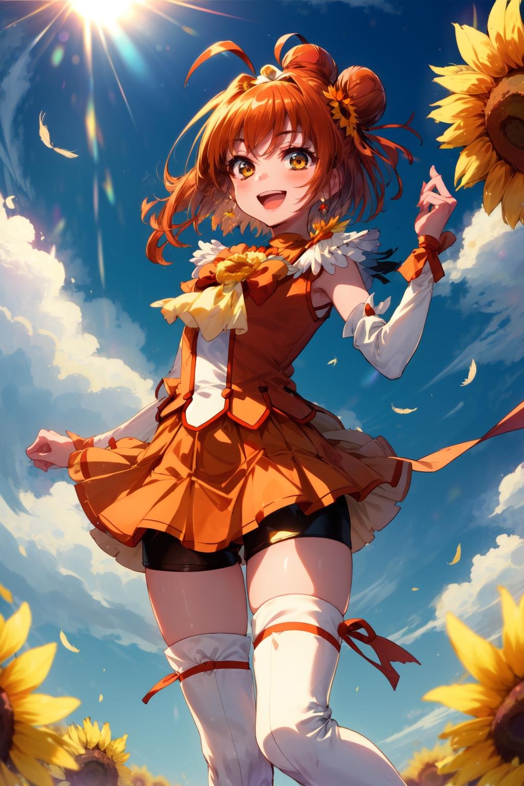 masterpiece,best quality,1girl,cure sunny,bowtie,feather hair ornament,single hair bun,ahoge,tiara,white thigh boots,bare arms,ribbon,bowtie,orange short shorts,shorts under skirt,smile,open mouth,blue sky,((sunlight)),sunflower,<lora:locon_cure_sunny_1:0.9>,