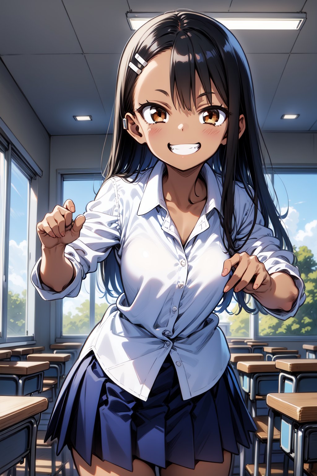 1girl, cowboy shot, grin, classroom, fighting stance, nagatoro_hayase, brown eyes, black hair, long hair, dark skin, dark-skinned female, tan, tanlines, hairclip, school uniform, white shirt, collared shirt, pleated skirt, <lora:nagatoro_hayase_lora_ver1:0.7>, best quality, masterpiece, highres, <lora:GoodHands-vanilla:1>