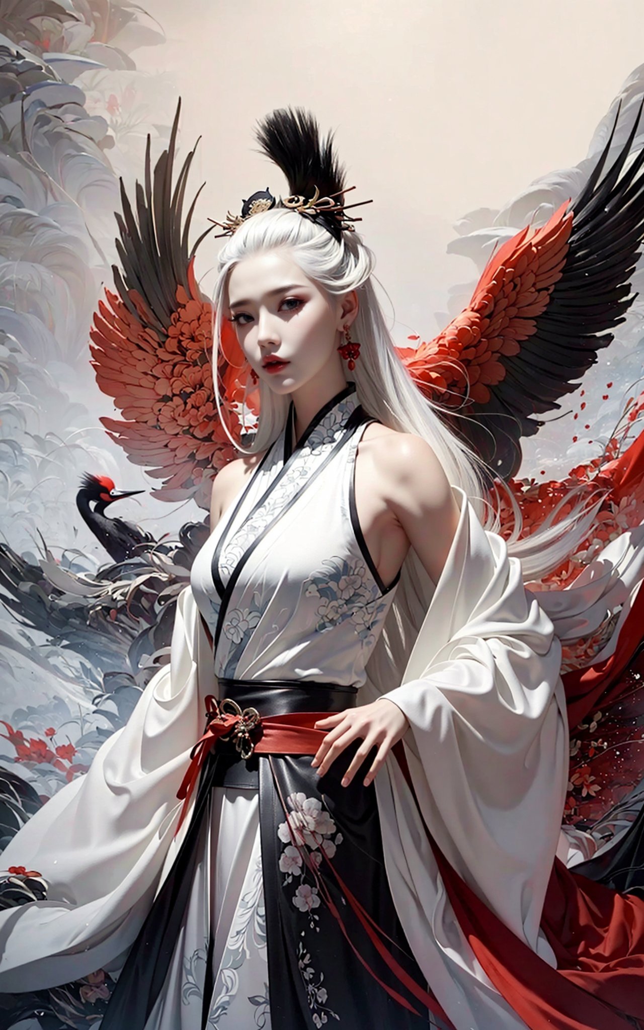 Ink painting, ink painting, splash-ink, ink splash, calligraphy, Chinese characters, Chinese character background，(Red crowned crane:1.2)，1girl，White hair, Hanfu,upper body，A shot with tension，(sky glows red,Visual impact,giving the poster a dynamic and visually striking appearance:1.2),Chinese Zen style,impactful picture,<lora:绪儿-鹤 Red crowned crane:0.8>