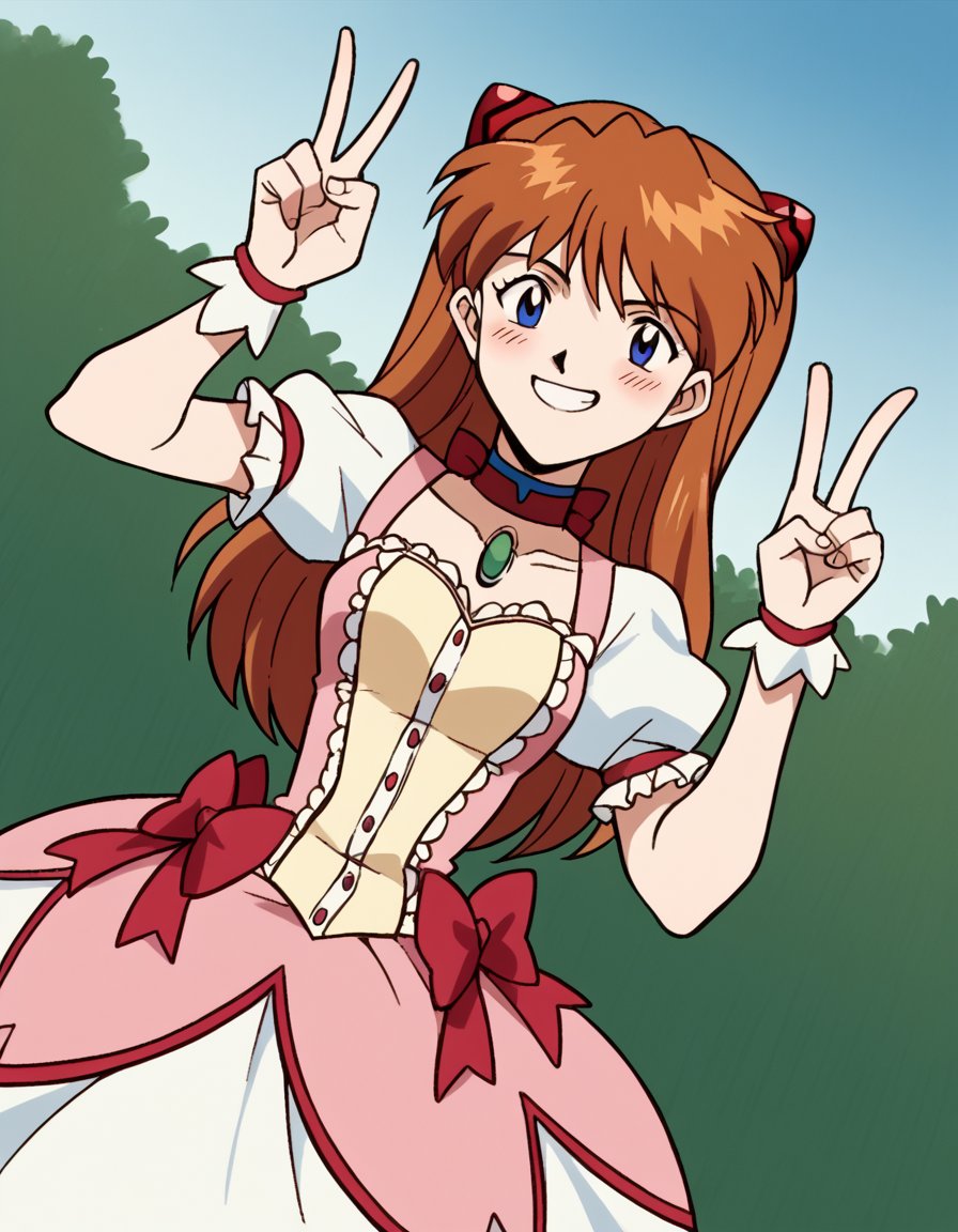 score_9, score_8_up, score_7_up, source_anime, asukalangleysoryu, <lora:asuka-langley-soryuu-classic-ponyxl-lora-nochekaiser:1>, asuka langley soryu, long hair, bangs, blue eyes, brown hair, hair ornament,, <lora:kaname-madoka-cosplay-ponyxl-lora-nochekaiser:1>, kanamemadokacosplay, kaname madoka \(cosplay\), chest jewel, dress, frilled dress, frills, magical girl, neck ribbon, pink dress, puffy short sleeves, puffy sleeves,, outdoors, streets, smile, blush, v, v over eye,, cowboy shot, dutch angle, solo,