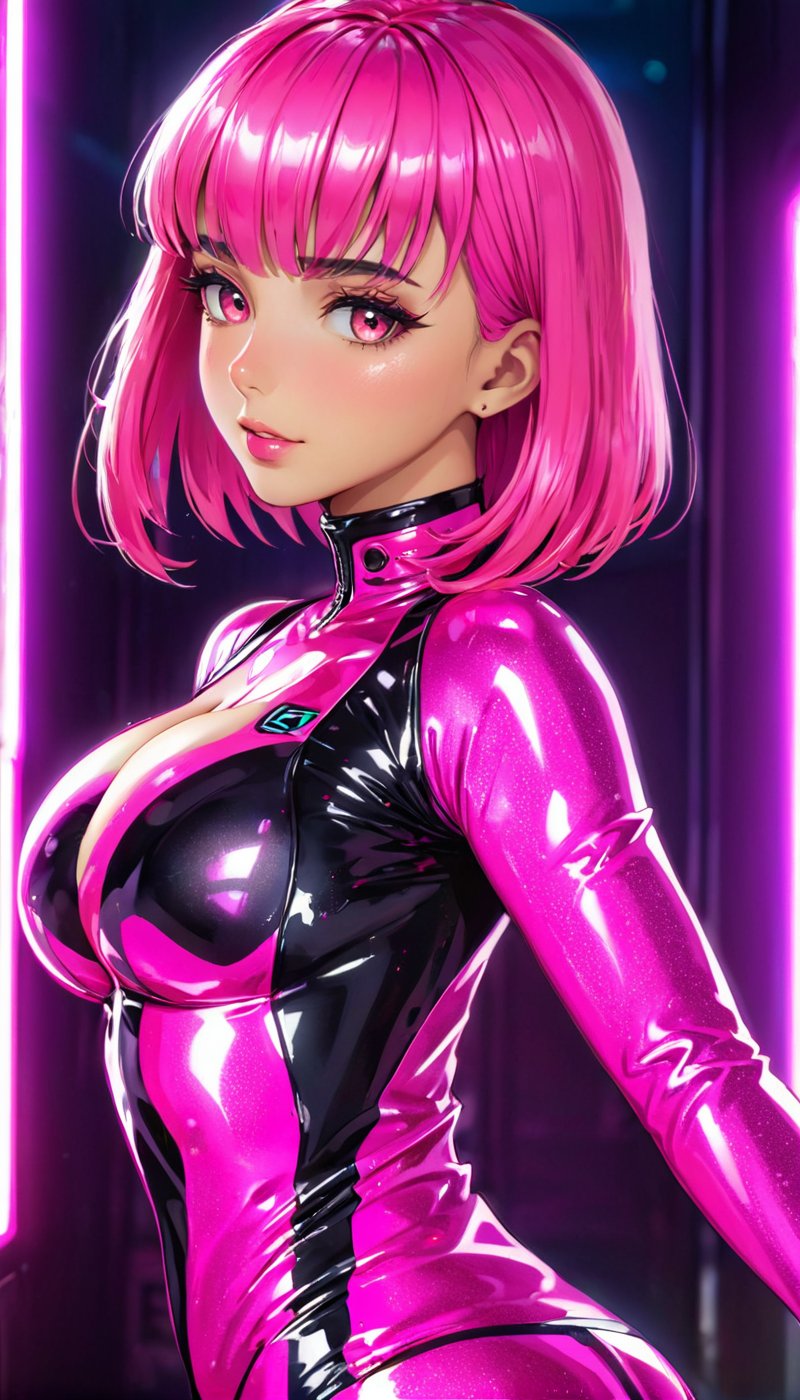 extreemely detailed,sexy, cleavage, black latex costume, amazing background, chromatic aberration, cyberpunk, neon lights in the background, full body, oily skin, shiny, high definition photo, ultra detailed skin, ultra detailed face, small skin imperfections, 1girl, Side-swept bangs, large boobs, Athletic body, hazel eyes, Hot pink hair