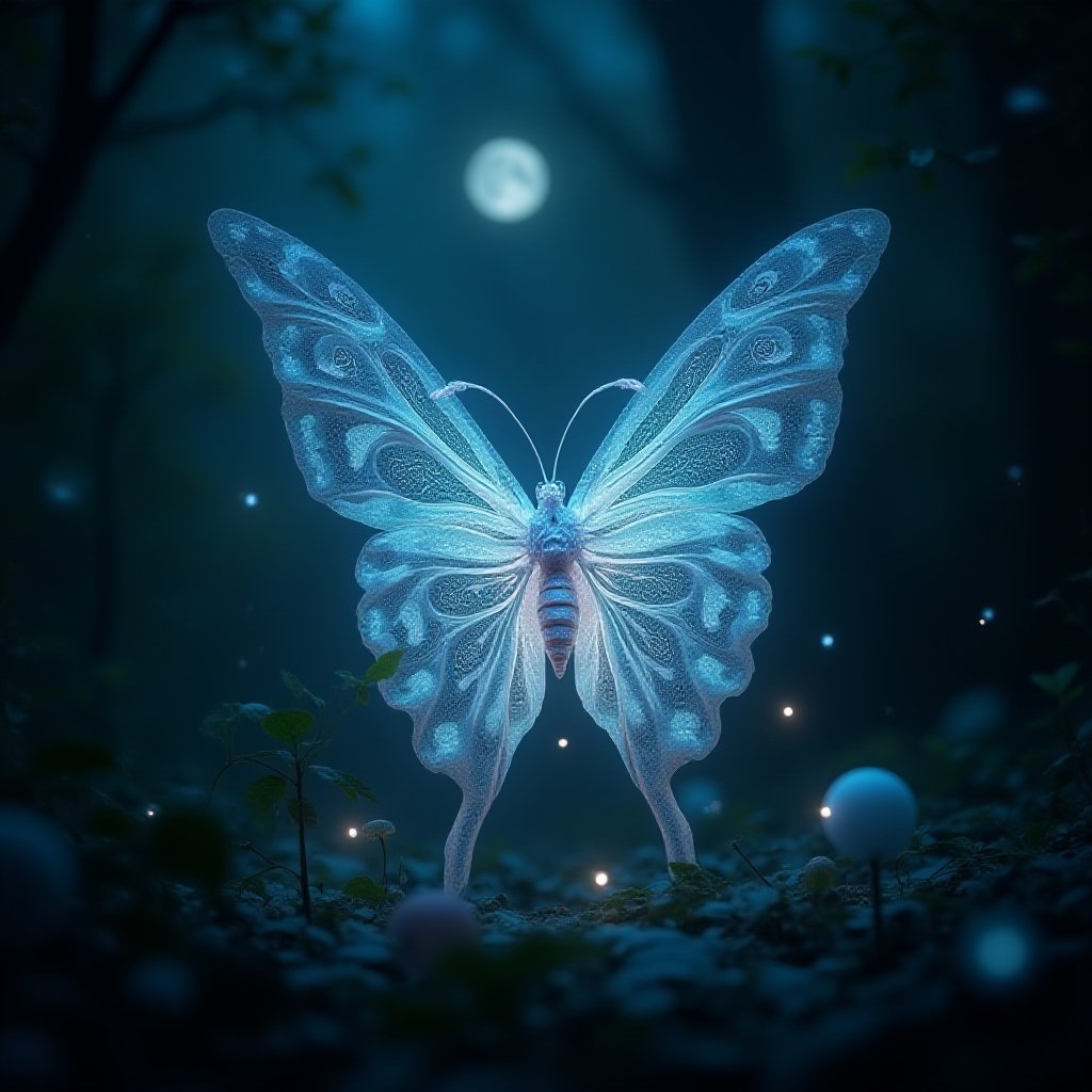 A captivating, hauntingly beautiful dramatization: A delicate, luminescent butterfly with iridescent wings and intricate, swirling patterns transforms into a mesmerizing, ornate sculpture with delicate, lace-like details and soft, ethereal glow, embodying the essence of bioluminescence and rococo artistry within a mystical, moonlit grove with twinkling, firefly-like lights and lush, velvety foliage.