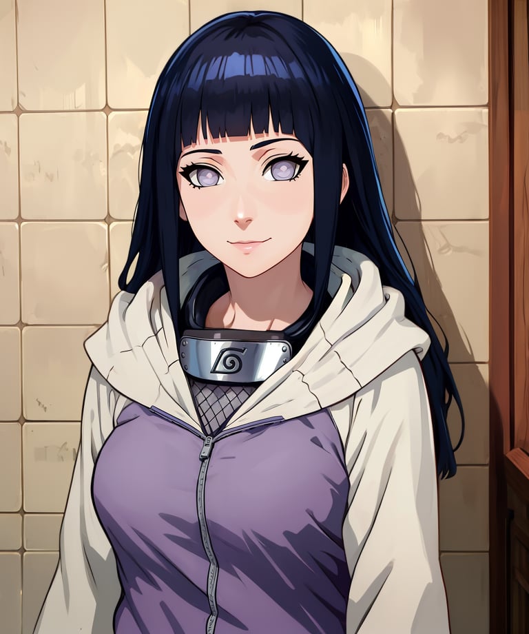 Hinata,black hair,blunt bangs,no pupils,grey eyes,long hair,long sleeves,konohagakure symbol,forehead protector around neck,hood down,standing,light smile,solo,(insanely detailed, masterpiece, best quality,),<lora:HinataShip:0.9>,