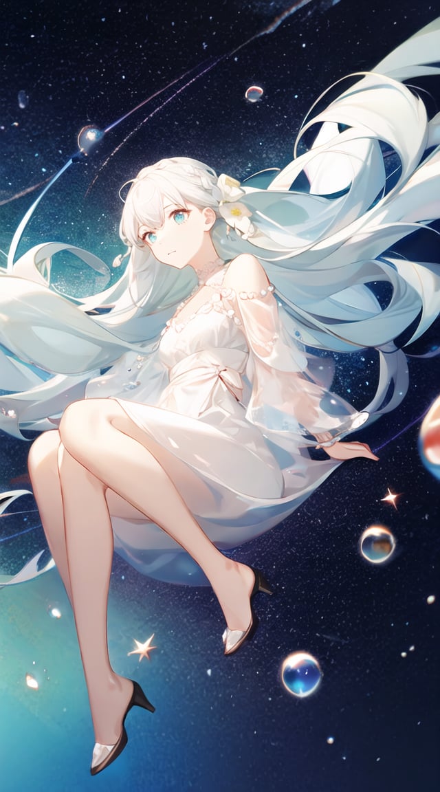 masterpiece,best quality,1girl,full body,floating hair,white hair,flower surrounded,<lora:ask_newset:1>,stars in the eyes, messy floating hair, colored inner hair, Starry sky adorns hair, (lots of big colorful Bubble), (pearl), (Galaxy), depth of field,